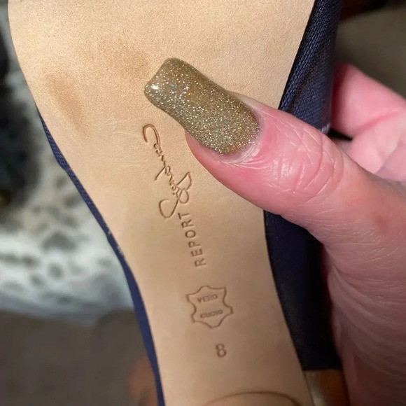REPORT SIGNATURE TOLUCA2 PEEP TOE HEELS METALLIC GOLD AND DENIM BLUE SIZE 8 - Picture 4 of 15